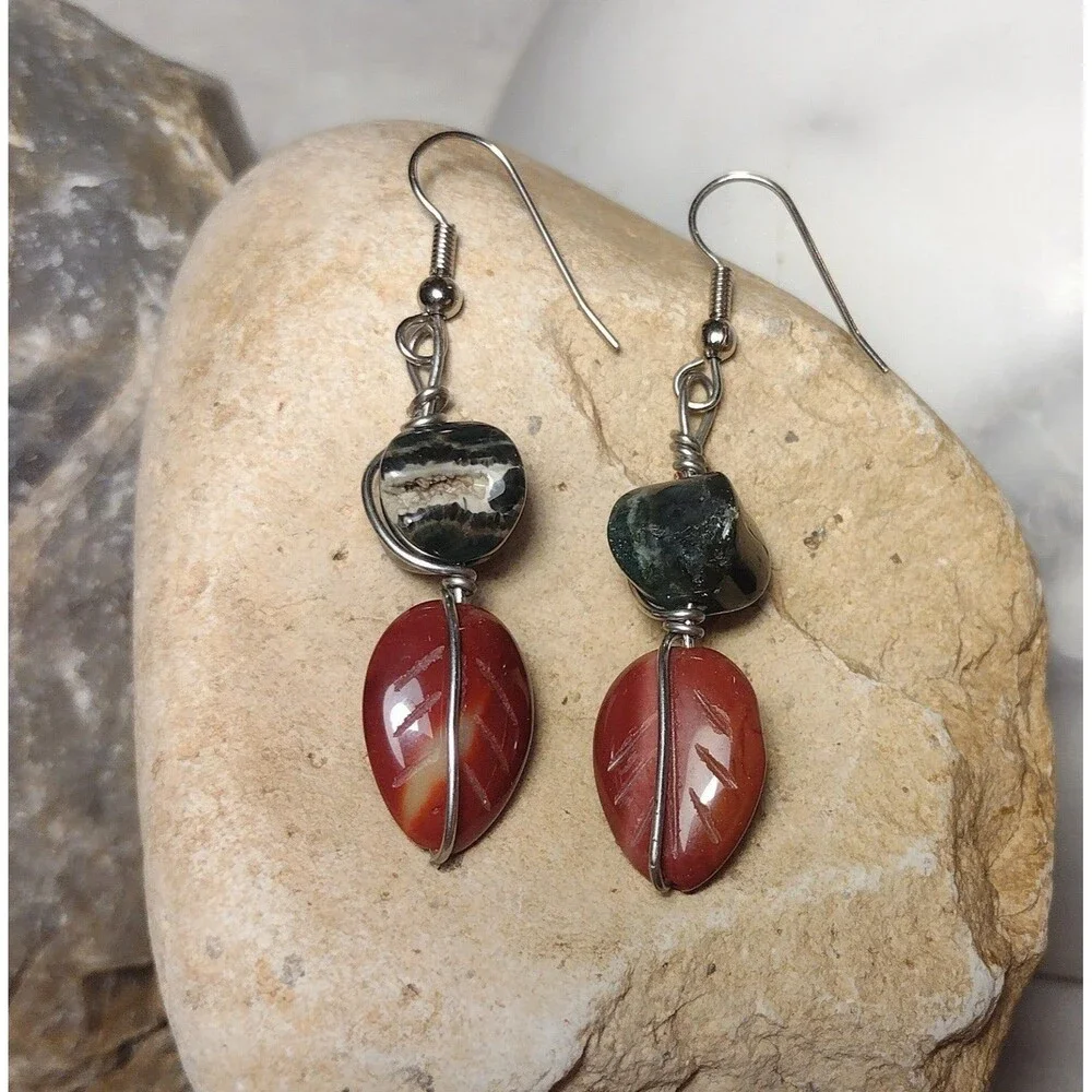 Carved Jasper Leaf Stone Geode Dangle Earrings